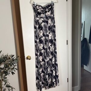 Black Off White Tropical Palm Leaf Smocked Bandeau Jumpsuit Size Medium